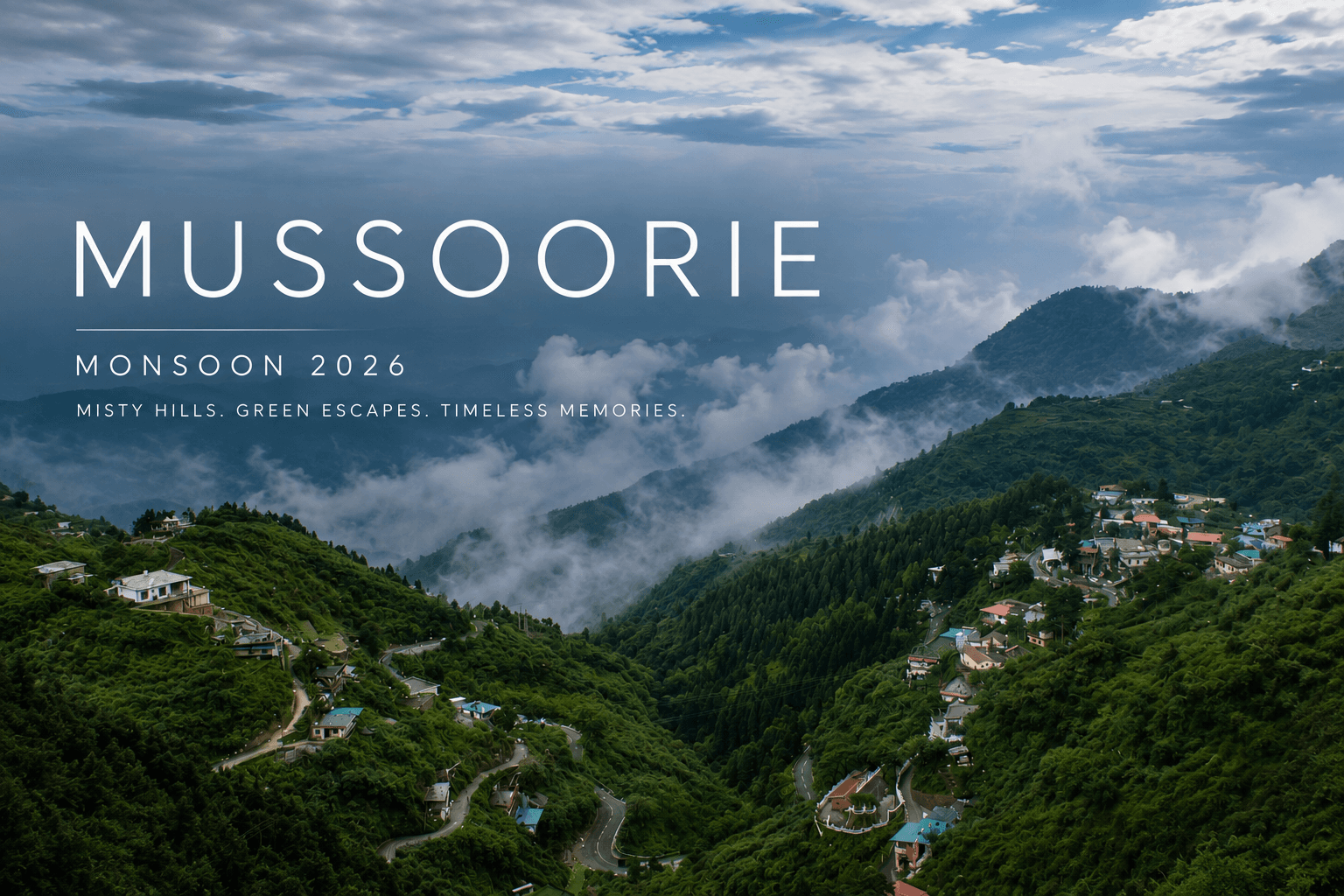Misty green hills of Mussoorie during the monsoon season