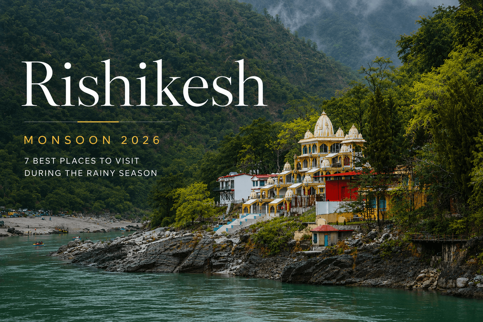 Rishikesh surrounded by lush green hills during the monsoon season