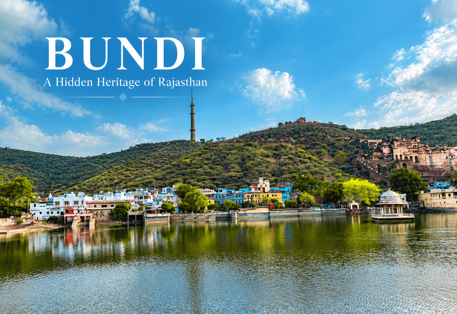 Bundi old town with blue houses and historic Taragarh Fort in Rajasthan