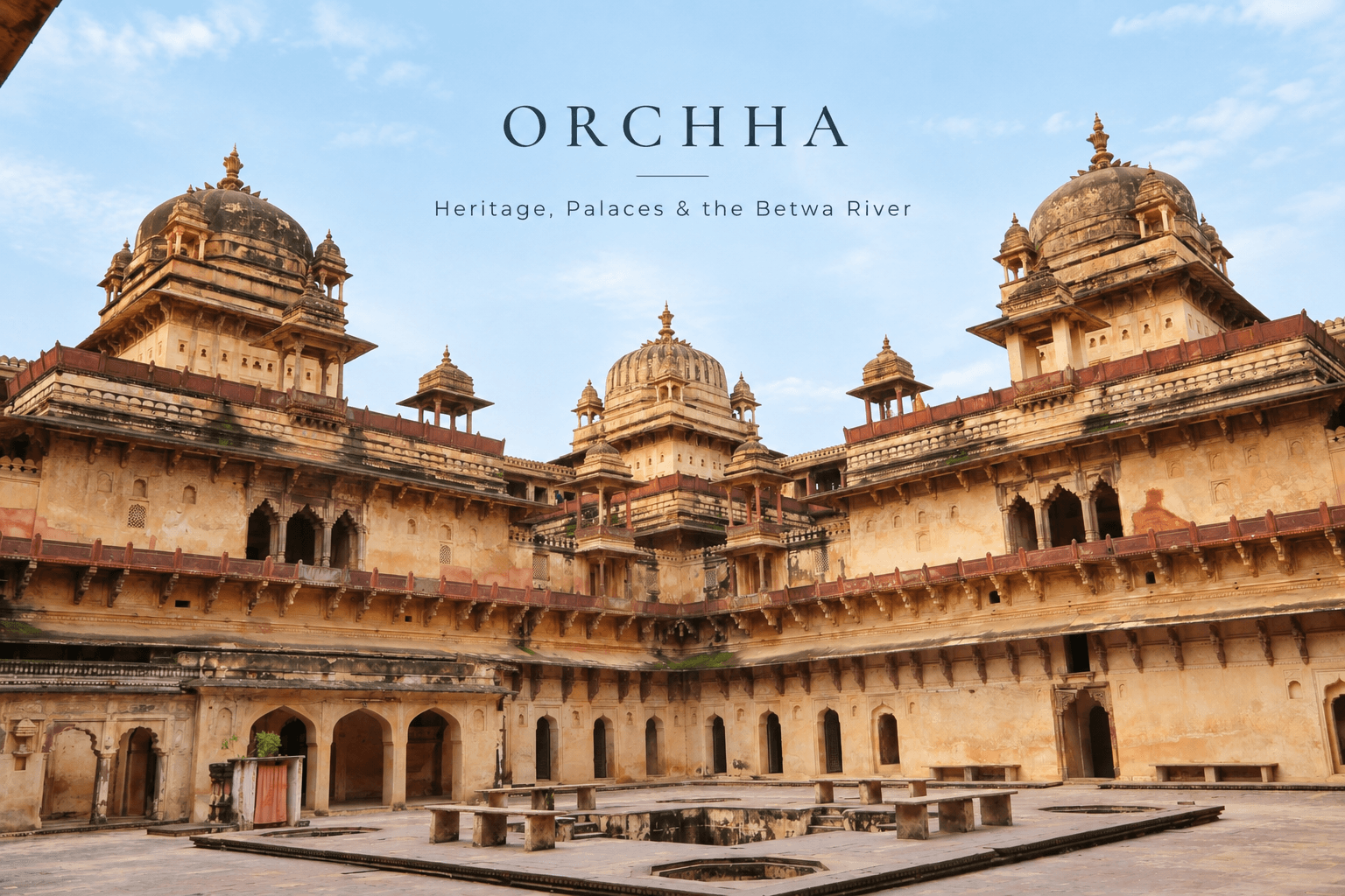 Historic Orchha Fort and palaces beside the Betwa River in Madhya Pradesh
