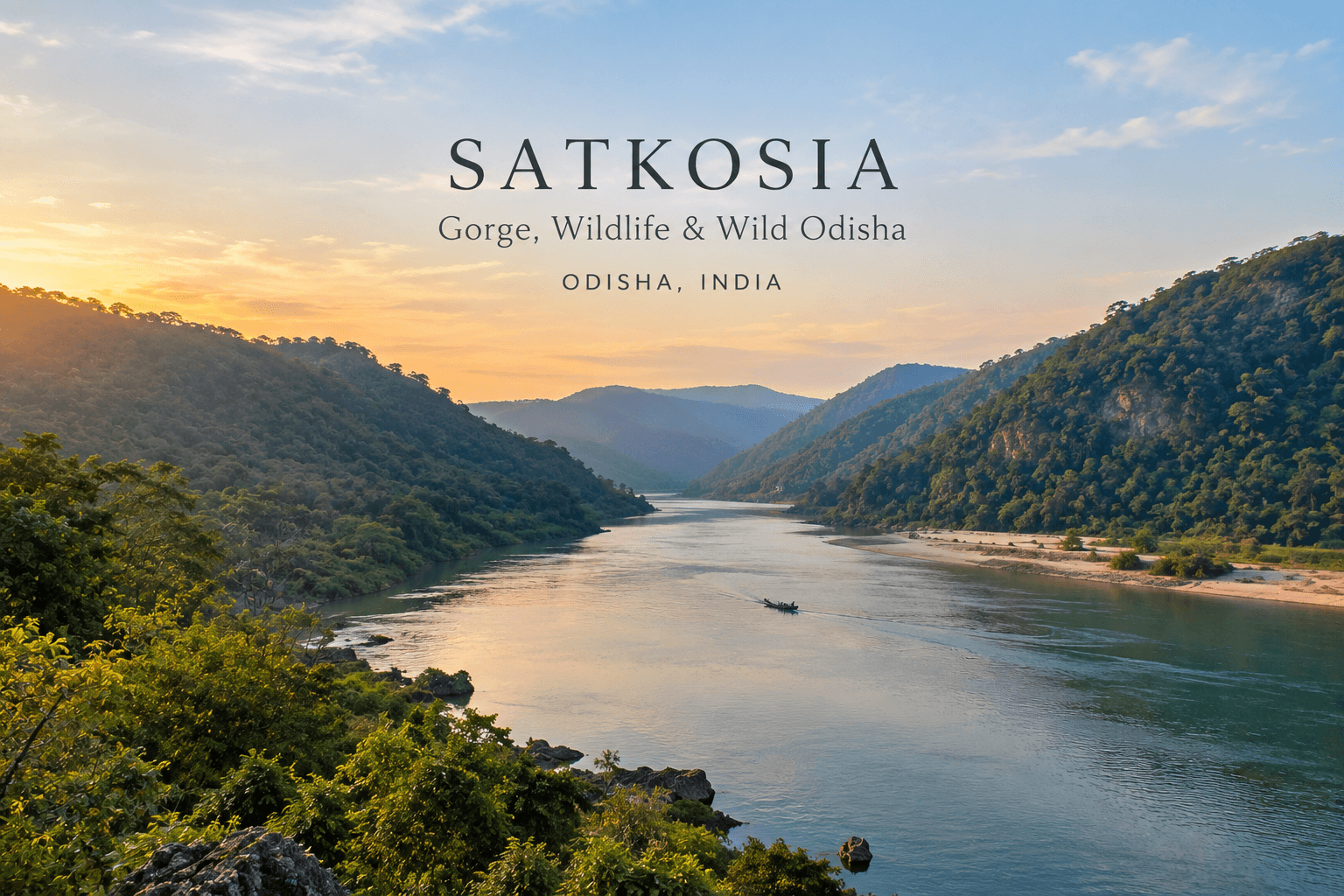 Mahanadi River flowing through the Satkosia Gorge surrounded by forests in Odisha