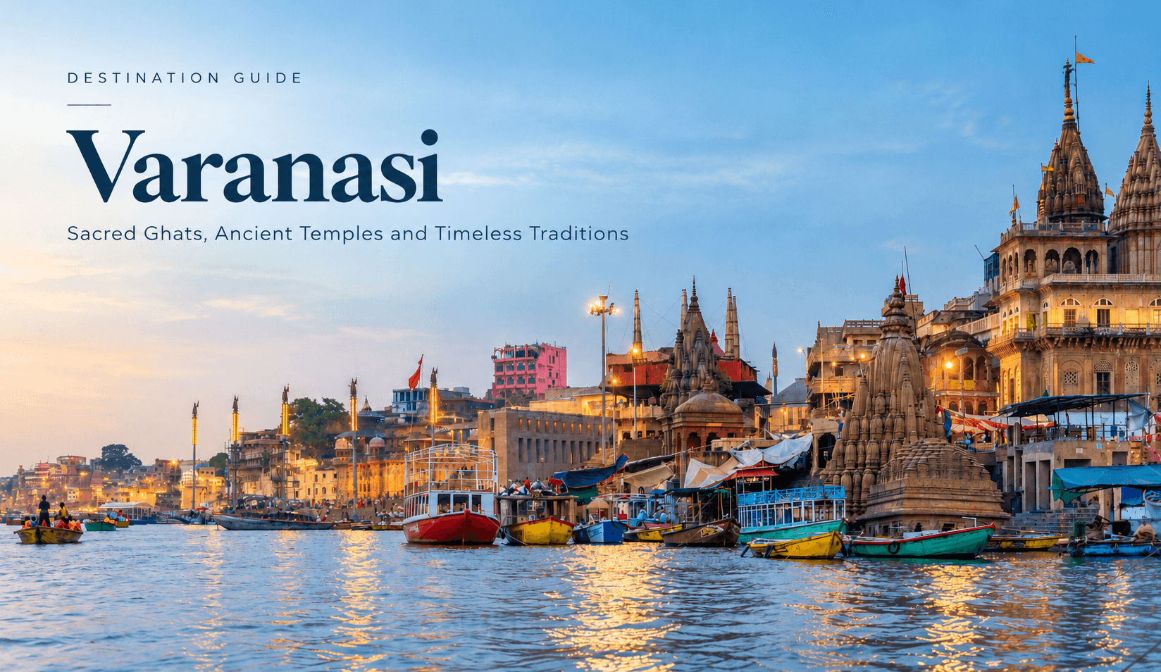 Boats on the River Ganga with the historic ghats of Varanasi in the morning